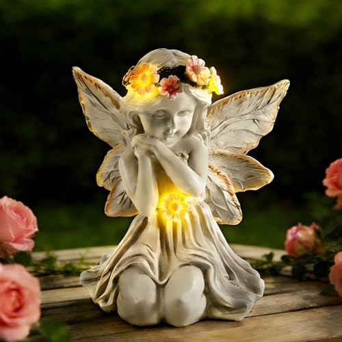 Solar Engel Gartenstatuen, Schutzengel-Figur mit LED-Licht, Grabschmuck Wetterfest Deko Für Draußen Wetterfest, Herbstdeko für Rasen, Hof, Terrasse, Fensterbank, Trauernd Grabengel für Draußen Grab