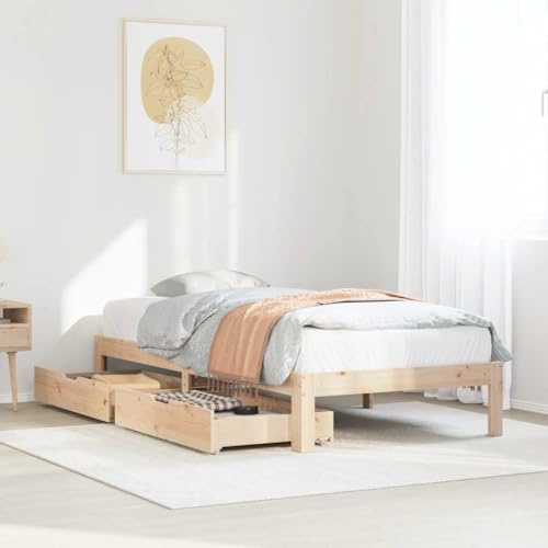 Ziaphsol Massivholzbett mit Schubladen 90x200 cm, Kiefer Natur, Einzelbett mit Stauraum, Robustes Bettgestell für Schlafzimmer, inklusive 2 Unterbettschubladen, ideal für Matratzen 90x200 cm