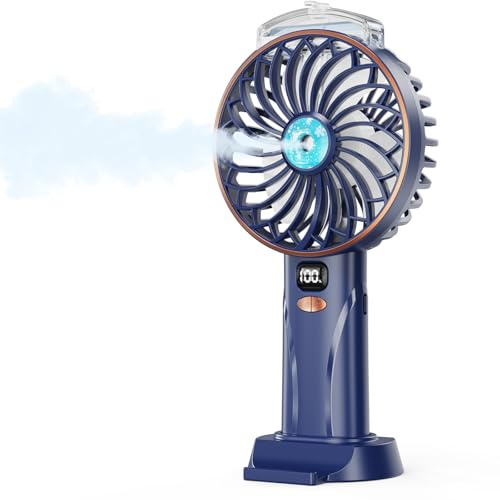 Ventilador Portátil con Pulverizador - 4000mAh Ventilador de Mano con Spray,5 Velocidades,Ventilador Pequeño Mesa Recargable USB con Base,Pantalla LED,Mini Fan Inalámbrico,para Cámping,Estudio,Viajes