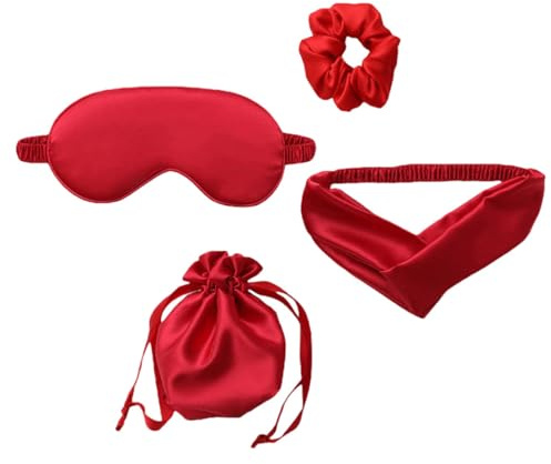 Tofficu Seidenset 4 Stück Schlafmaske Haarband Haargummi mit Tasche aus Kunstseide für Damen Reise und Entspannung