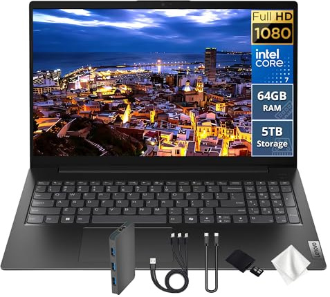 Lenovo V15 Gen 5 15.6 FHD Laptop, Intel Core 7 240H, 64GB DDR5, 5TB Storage(4TB SSD&1TB Docking Station Set), Intel Graphics, Numeric Keypad, HD Webcam, Wi-Fi 6, Win 11, Black
