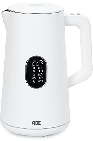 ADE Wasserkocher KG2100-1 mit digitaler Temperatureinstellung & LED-Display mit weißen Ziffern, 1,5l, 5 wählbare Temperaturstufen (40-100°C), Warmhalte-Funktion und automatischer Abschaltung, weiß