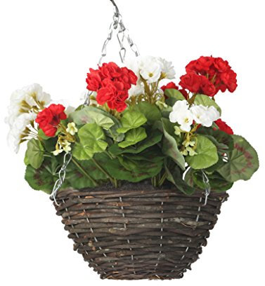 Closer2Nature - Red and White Artificial Geranium Display in a 10 Round Willow Hanging Basket; Perfect Faux Flowers Decoration Plants for Vibrant Outdoor Plants in Garden