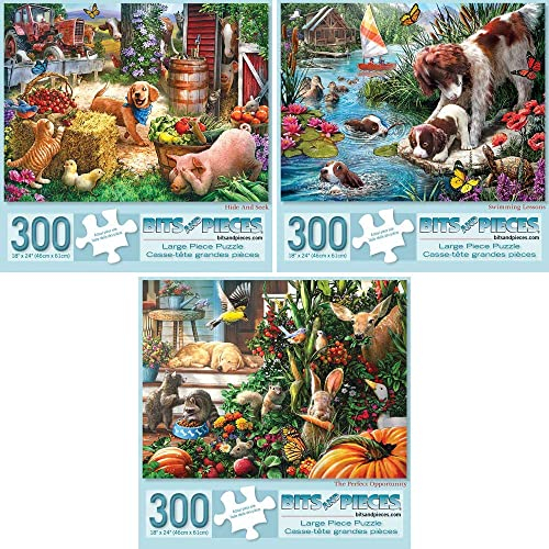 Bits and Pieces - Value Set of Three (3) 300 Piece Jigsaw Puzzles for Adults - Each Puzzle Measures 46cm x 61cm- Farm River Lake River Animal Summer Jigsaws by Artist Larry Jones