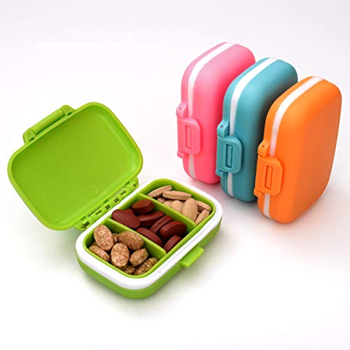 4 Farben Pillenbox 3 Fächer Pillendose Klein Tablettenbox mit 3 Abnehmbare Fächern, 4 Stück Vitamin Tablettendose/Medikamentenbox für Reise & täglichen Gebrauch, 8 x 5 x 2,5 cm