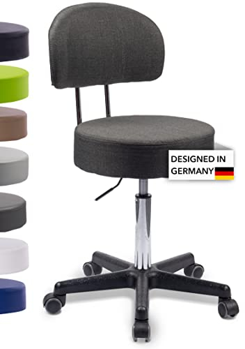 1stuff Rollhocker Squash 40 mit Rückenlehne BIGBACK - ca. 51-71 cm Sitzhöhe - Drehhocker - Praxis-Hocker mit 40 cm breitem Sitz - Küchen-Hocker mit Rollen - Bürohocker Stoffbezug Dunkelgrau