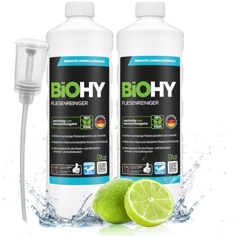 BiOHY Fliesenreiniger (2x1l Flasche) + Dosierer | speziell entwickelt für Stein- & Fliesenböden | hinterlässt eine schmutzabweisende Glanzschicht | entfernt jegliche Art von Schmutz mühelos