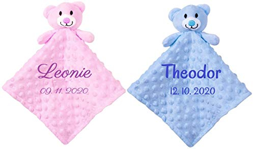Wuff-Dogsworld Baby Kuscheltuch Teddy mit Namen Bestickt Minky rosa hellblau Noppen Geburt Taufe Geschenk (rosa)