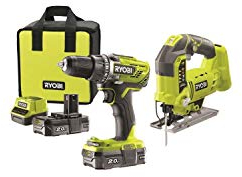 Ryobi Kombi Kit Bohrschrauber und Stichsäge Set R18DDJS-220A 18V ONE+ System Mit Ladegerät, 2 x 2Ah Akku, Sägeblatt und Werkzeugtasche - Komplettset 5133003575, R18DDJS-220S