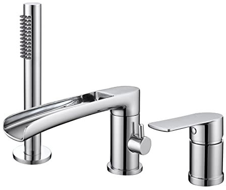 TapLong Wasserfall Römische Wannenarmatur mit Handbrause, weit verbreitete Deckmontage Badewannenarmatur mit Sprüher, Einhebel-3-Loch-Badewannen-Duscharmatur-Set in Chrom, 03119CH