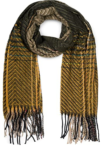 styleBREAKER Damen Feinstrick Schal mit bunt gestreiftem Zick-Zack Muster und Fransen, warme Winter Stola mehrfarbig 01017149, Farbe:Oliv-Camel