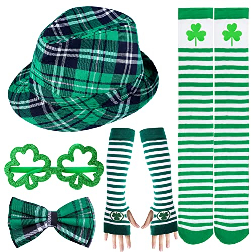 Qpout 5pcs St. Patrick's Day Zubehör, Irischen St. Patrick's Day Grüner Hut, Fliege, Kleeblattärmel, Socken, Brillengestell, St. Patrick's Day Partyzubehör Paraden Cosplay-Kostüm