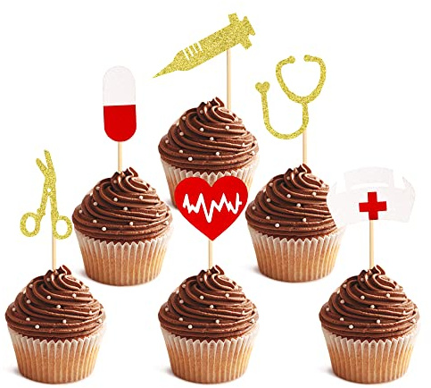 Blumomon 24Pcs Glitter Nursing Cupcake Toppers Nurse Graduation Cake Topper Decorations for Medical Rn Themed Birthday Party Cake Decoration Supplies