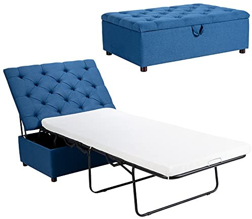 COSTWAY Folding Sofa Bed with Mattress, 2-in-1 Convertible Sofa Ottoman, Space-Saving Button Tufted Couch Sleeper Lounger Footstool for Living Room, Bedroom and Office (Blue)
