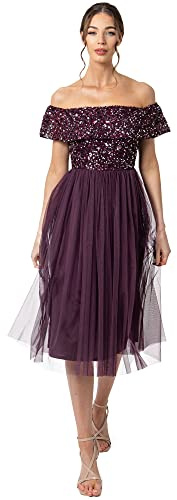Maya Deluxe Women's Ladies Bardot Dresses Midi High Empire Waist Sequins Embellished Formal Evening for Wedding Guest Bridesmaid, Berry, 20