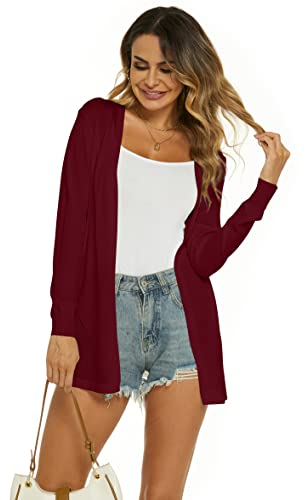 Ietaoo Cardigan Lungo Donna Elegante Manica Lunga Giacca Cardigan Casual Maglia Cappotto Leggero Aperto Davanti Cardigan per Estivo Primavera Vino Rosso XXL