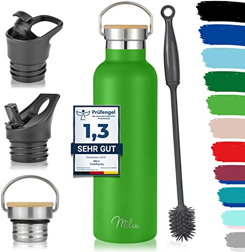 Milu Edelstahl Trinkflasche 350ml 500ml 750ml 1000ml (+3 Deckel) Thermosflasche mit Strohhalm, Isolierte Wasserflasche, Auslaufsichere Isolierflasche doppelwandig (Apfelgrün, 750ml)