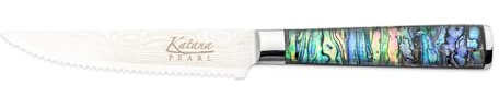 Katana Saya Pearl 4 Piece Steak Knife Set, 4X 9cm Serrated Steak Knives, Kitchen Knife Set, Japanese VG-10 Damascus Stainless Steel, Acrylic Handle with Abalone Pattern, Japanese Style