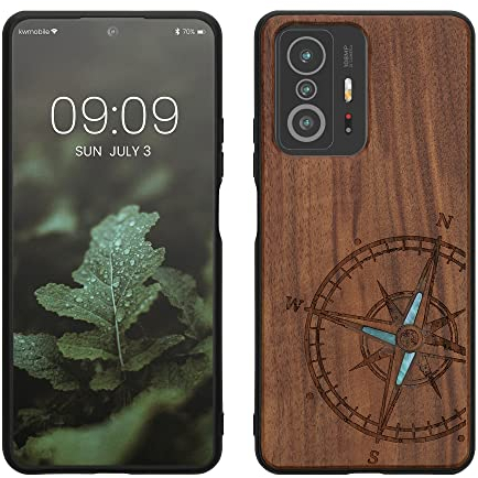 kwmobile Hülle kompatibel mit Xiaomi 11T / 11T Pro Hülle - Holz Case - Handy Cover - TPU Handyhülle in Dunkelbraun Vintage Kompass mit Perlmutt