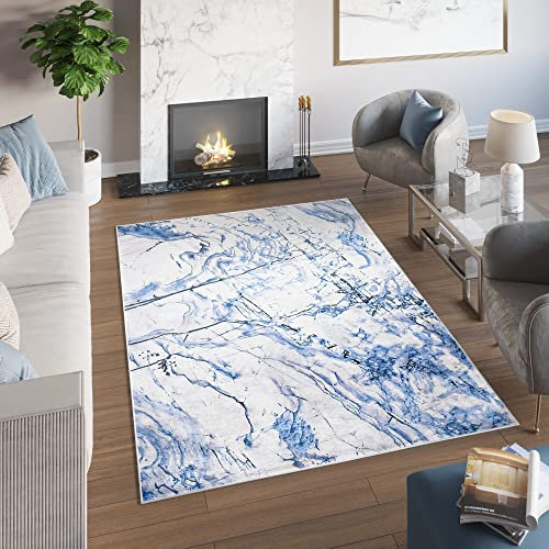 TAPISO Toscana Teppich Bedruckter Teppich Blau Grau Abstrakt Marmor Waschbar rutschfest Wohnzimmer Schlafzimmer Büro Modern Design 140 x 200 cm