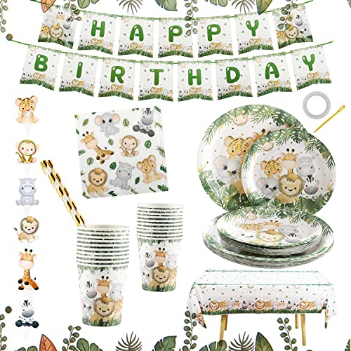 Vajilla de Fiesta-Platos de cumpleaños de animales de la selva, 126 piezas, platos y vasos para cumpleaños, vajilla cumpleaños infantil, tema de animales de la selva, cumpleaños para adultos o niños