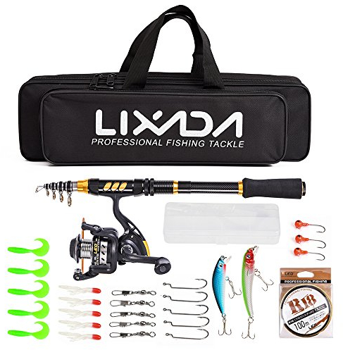 Lixada Fishing Rod Reel Combo Carbon Fiber Telescopic Fishing Rod Fishing Line Lures Hooks Jigs Swivels Saltwater Freshwater Travel Fishing Accessories Kit (Style-2 1.8M)