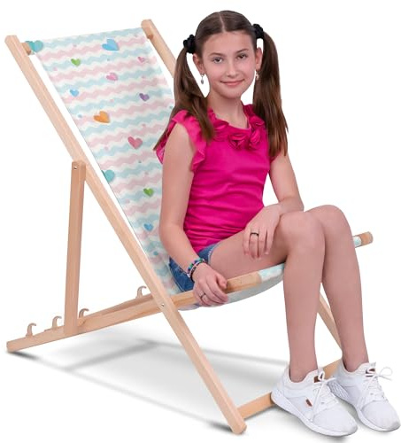 DreamRoots Kinder Liegestuhl Holz Gr. M, Pastel Hearts | Klappbarer Campingstuhl faltbar, für Garten & Strand, bis 130 kg, waschbarer Bezug, 100% Polyester, UV-beständig, Kinderliege