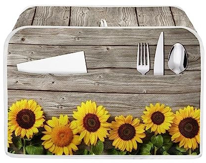 HUISEFOR Niedliche Sonnenblumen-Toaster-Abdeckungen, 2 Scheiben, langer Schlitz, Staubschutz mit 2 Taschen, hält Messer und Gabeln, hält Toaster sauber von Staub, Fingerabdrücken und Katzenhaaren,