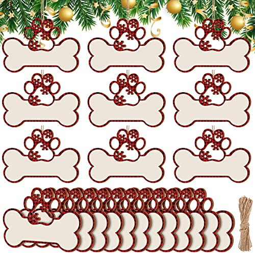 Christmas Dog Bone Ornaments Wooden Dog Paw Print Shape Hanging Ornament Wood DIY Craft with Custom Name for Tree Home Decor Gift for Pet Lovers (Warm Pattern,72 Pcs)