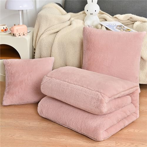 Hixingo Couverture et Oreiller de Voyage 2 en 1, Couverture et Coussin de Voyage Multifonctional Doux et Chaud Plaids Couverture Hiver pour Canapé TV, Bureau, Sieste, Literie (40*40cm,Rose(Peluche))