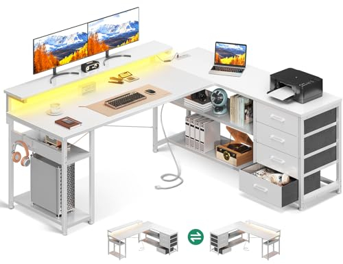 ODK Schreibtisch mit Schubladen, Reversible Eckschreibtisch mit 2 Steckdosen und 2 USB Ladeanschluss, Bürotisch L Form mit LED für Home Office 155×110cm (Alles Weiß)
