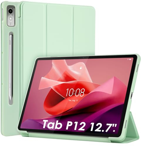 WD&CD Cuero Funda Compatible para Lenovo Tab P12, 12.7 Pulgadas, Protector Compatible con Lenovo Tab P12, PC+PU Soft Caso Carcasa Case Libro de Cuero con Soporte Función, Verde