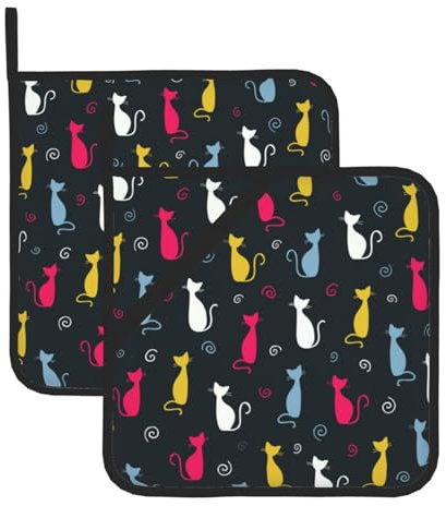 Confezione da 2 presine per cucina, con gatti astratti colorati resistenti al calore, con tasche ad anello per appenderle, panni per forno a microonde, per cucinare, campeggio, cottura
