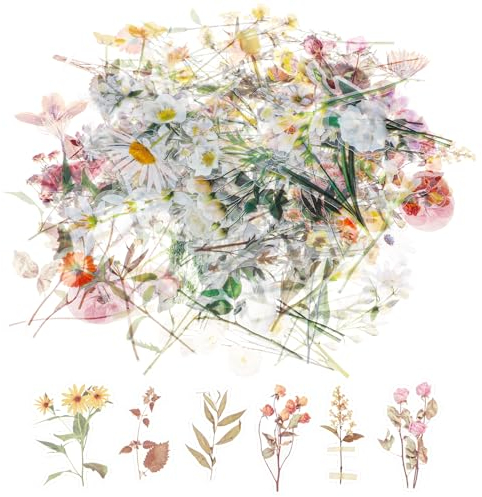 120 Stück Blumen Scrapbook Stickers Transparente PET Pflanzen Blumen Sticker Retro Wasserfest Dekorative Aufkleber für DIY Fotoalbum Tagebuch Notizbuch Scrapbook Zubehör