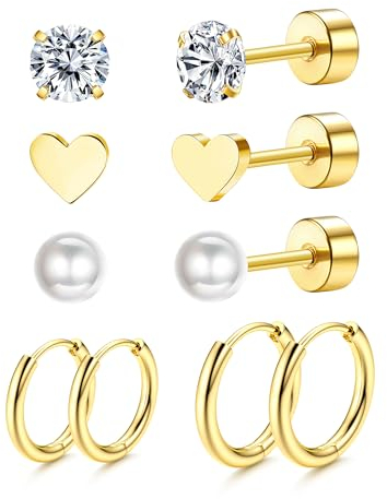 Dochais 5 Paar Titan Ohrring Set, 14K Gold Creolen Klein, 20G Hypoallergene Ohrstecker Gold, AAAAA Zirkonia Herz Perlen Ohrringe für Damen Herren, Knorpel Huggie Hoop (Goldene, Silber, Schwarz)