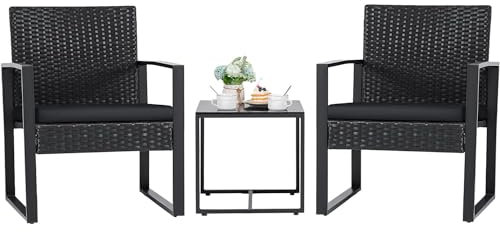 Taylor & Brown 3 Piece Bistro Set, Patio Rattan Furniture Set with Tempered Glass Coffee Table and Cushioned Chairs, Outdoor Wicker Conversation Sets for Garden Balcony Backyard Poolside (Black/Black)
