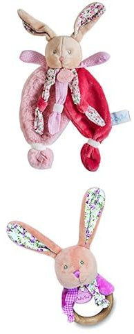 Baby Nat' Lot : 1 Doudou Lapin Plat Poupi Rose + 1 Hochet Bois Lapin Poupi Rose - Cadeau Naissance Mixte - Doudous Adorables et Faciles à Attraper - Idée Cadeau Bébé