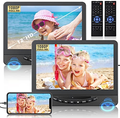 DESOBRY Pantalla Doble de 12» para niños en el Coche con Entrada HDMI 1080P para la reproducción simultánea de la Misma película, batería Recargable de 5 Horas, Soporte USB, función de última Memoria