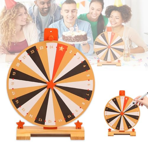 WDKXCN 37 cm Glücksrad Zum Drehen, Glücksrad Spielzeug, 24 Slots, mit Bode und Löschbaren Stift, Glücksrad Zum Selbstgestalten, Glücksrad Holz für Karnevalspartys Wortspiele, Halloween, Weihnachten