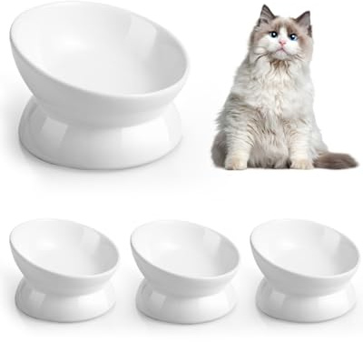 LoeJan Elevated Cat Food Bowl, 5 Oz Ceramic Raised and Tilted Pet Water Bowl, Anti Vomiting and Protect Pets' Spines Cat Dishes for Small Dog, Fat Faced Cat, Kitten (White, 4 Pack)