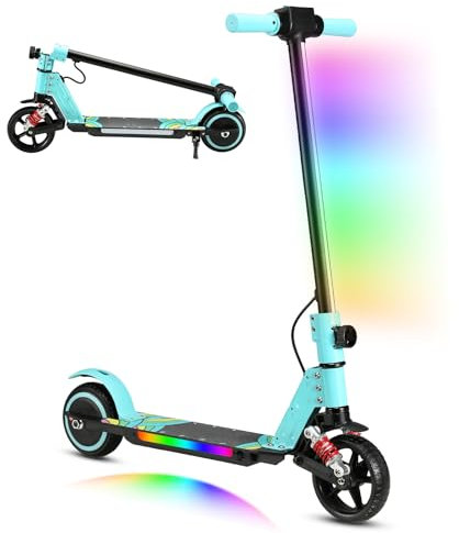 scoot4kids Monopattino Elettrico per Bambini, Età 6-12, Motore 130W, Velocità Massima 14 km/h, Autonomia 8 km, Luci LED Colorate, Design Pieghevole, Regalo per Bambini e Ado (Ciano)