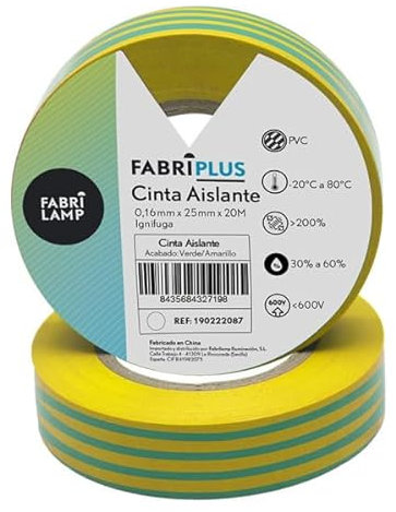Rollo de Cinta Aislante Ancha Verde/Amarillo, 25mm x 20m, ideal para electricistas. Fabricada en PVC, es flexible y duradera, garantizando una excelente aislación y protección.