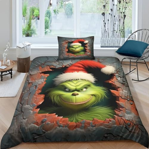 SUFFERBOW Grinch 3D Gedruckter Christmas Bettwäschegarnitur Bettbezug Set Für Kinder Mädchen Jungen Und Kissenbezüge Bettwäsche Reissverschluss Weich Microfaser 2 Teilig Single(135x200cm)