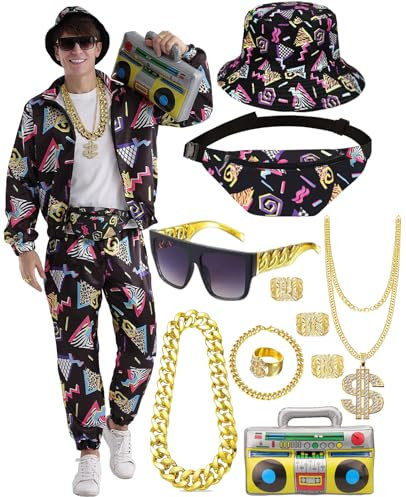 80er 90er Jahre Trainingsanzug Outfit Herren, Kostüm Jogginganzug Hose Set, Aufblasbarer Ghettoblaster Bauchtasche Sonnenbrille Hut Halskette Armband Ring, Hip Hop Sportbekleidung Karneval Mottoparty