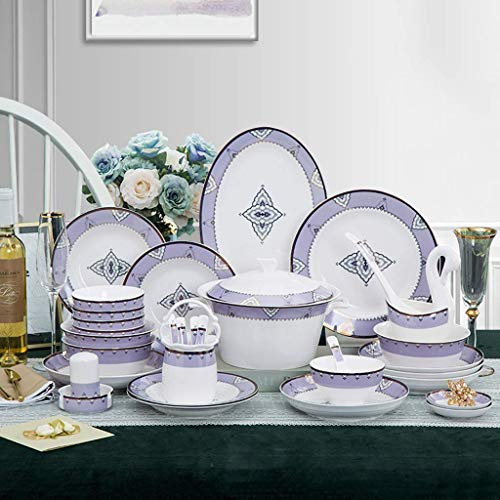 OOMRNV Service de Table en Porcelaine, Assiettes à dîner, Services de Table en céramique, 58 pièces, Service de Table en Porcelaine d'os Violet, Bol à céréales, marmite à Soupe