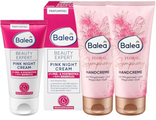 Balea 3er-Set Hautpflege: Nachtcreme Beauty Expert PINK NIGHT CREAM unterstützt die Erholungsphase der Haut (50 ml) + Handcreme FLORAL SYMPHONY mit Pfingstrosen & Magnolien-Duft (2 x 100 ml), 250 ml