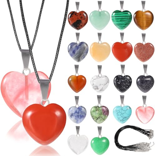 Garneck 20 Stück Herz Anhänger Set, 10 × 16 mm + 10 × 20 mm Stein | mit 20 Lederbändern, DIY Schmuck Anhänger für Halsketten und Basteln