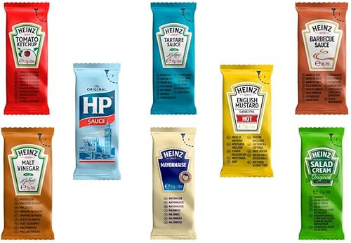 Heinz Sauces | Pick N Mix Choose From 5+ Varieties | Tomato Ketchup, HP Sauce, Mayonnaise, Salad Cream, Barbeque, Malt Vinegar, English Mustard | 200 Sachets (40 Sachets of Each Flavour)