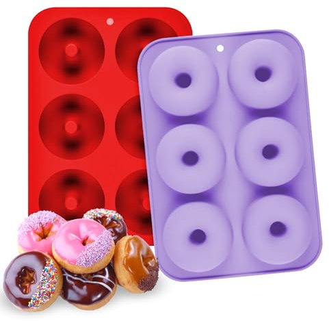 Molde para Donuts 2Pcs Antiadherente ideal para Reposteria, Galletas, Magdalenas | Moldes Silicona Donuts Violeta y Rojo | Incluye 15 Mangas Pasteleras | Compatible en Horno, Air Fryer, Lavavajillas