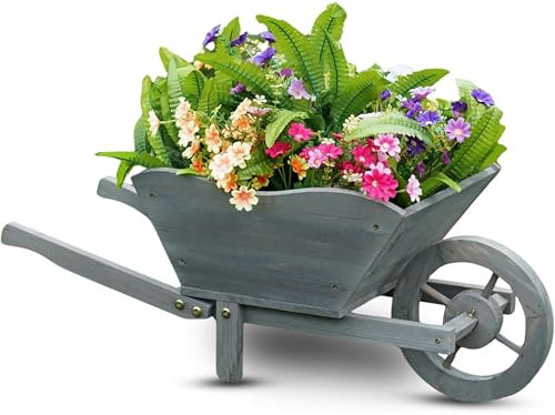 HMIR Wooden Ornamental Garden Plant Wheel Barrow Planter, Large Plant Pots Outdoor For Strawberry, Vegetable & Herb Planter, Wooden Flower Pot for Patio Yard Balcony_W69 x H28 x D32cm